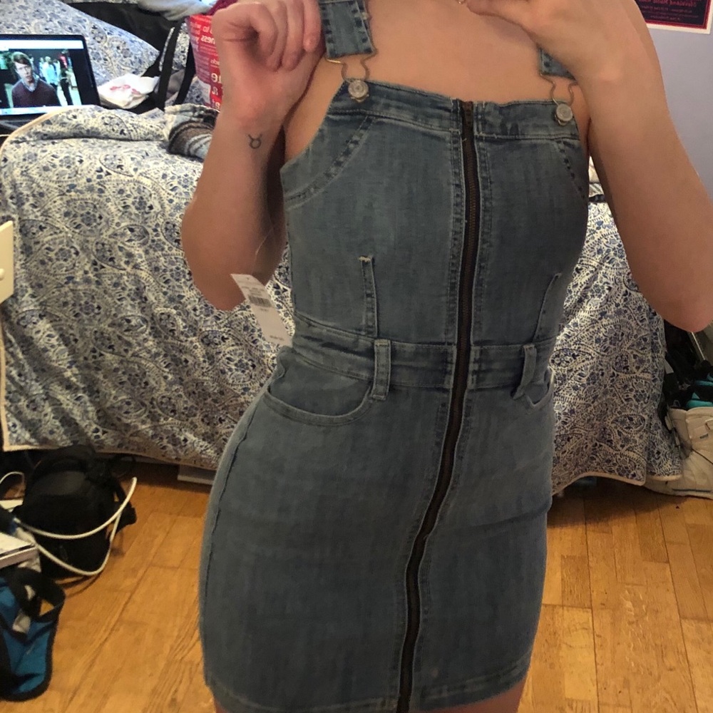 Denim zip up overall dress